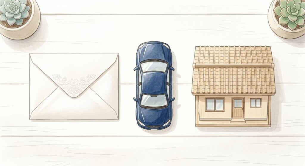 結婚式の招待状、新車、新築一軒家のイラスト