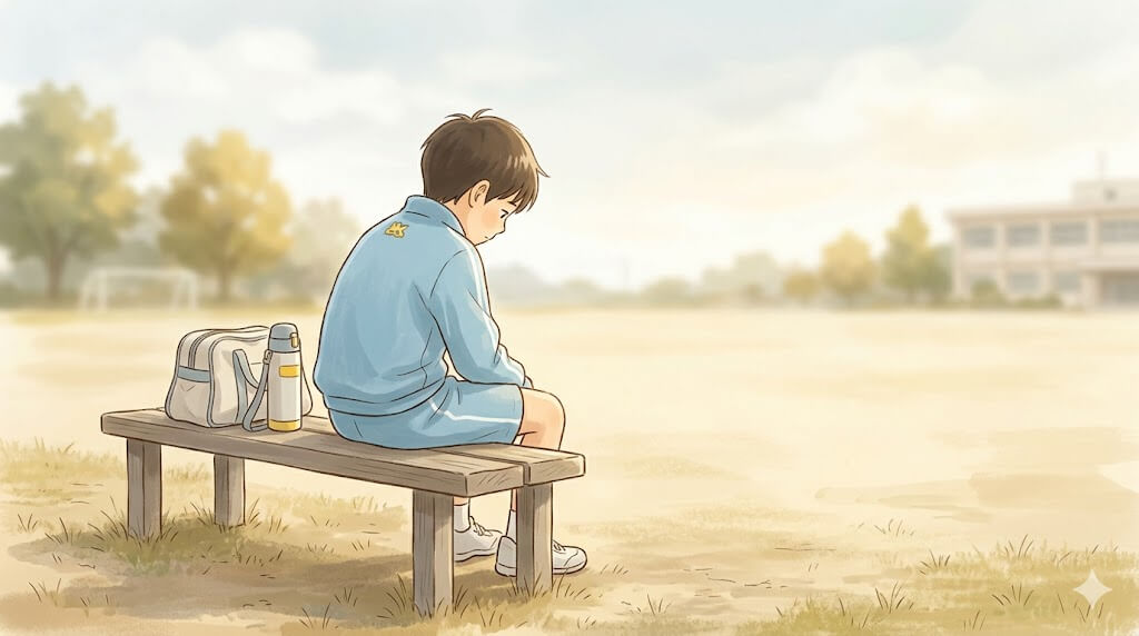 グラウンドで座りうつむく小学生のイラスト