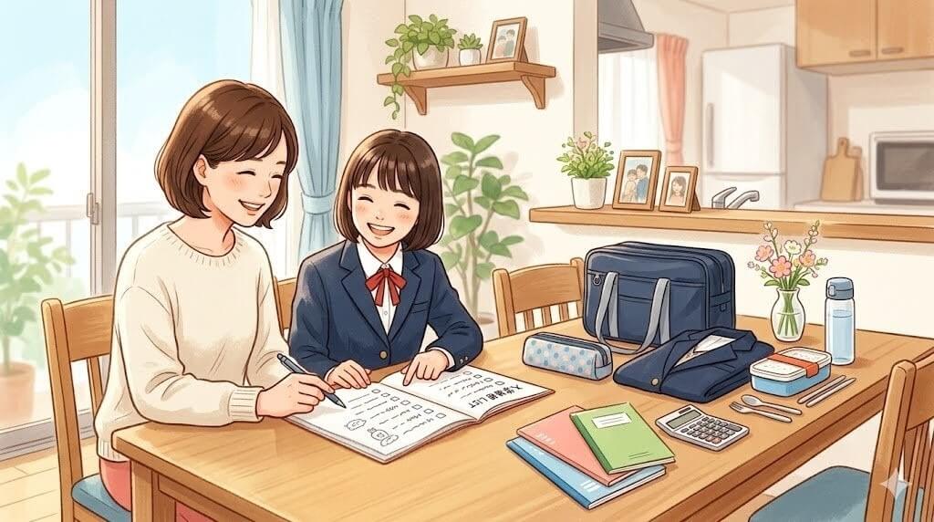 ダイニングで入学準備リストを確認する母と中学生のイラスト
