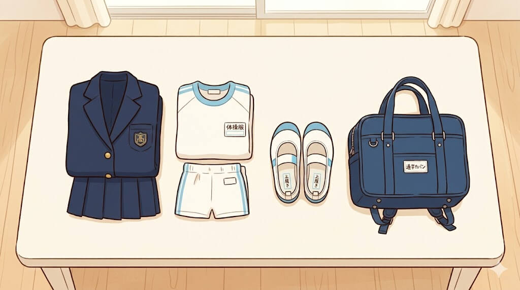 机の上に並んだ制服、スクールバッグ、上履き、体操服のイラスト