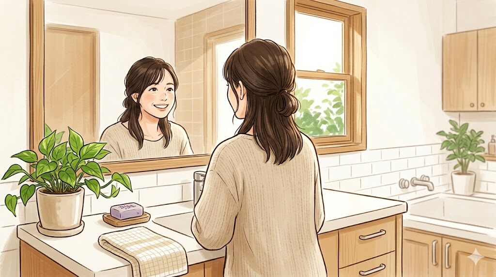 眼鏡なしで朝の洗面台に立つ女性の後ろ姿