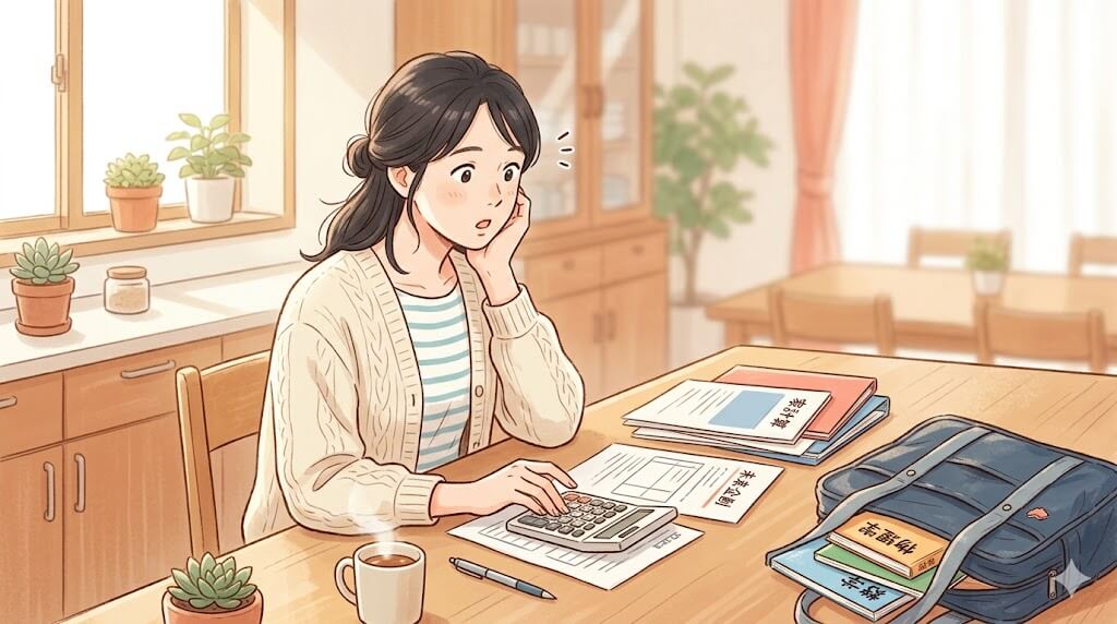 電卓を前に手を止める母親のイラスト