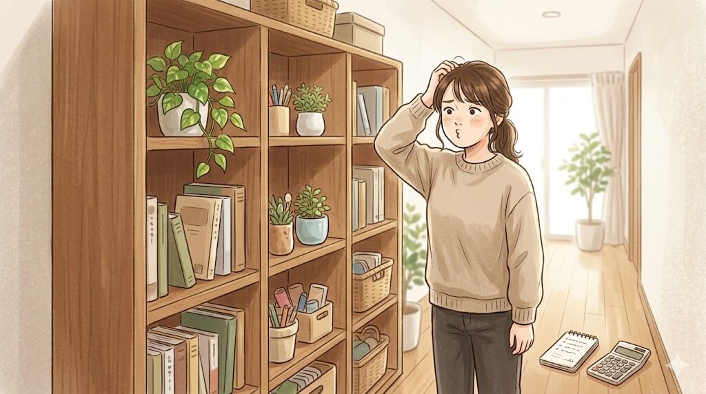 大きすぎる家具の前で困る女性・処分の出口を考えるシーン