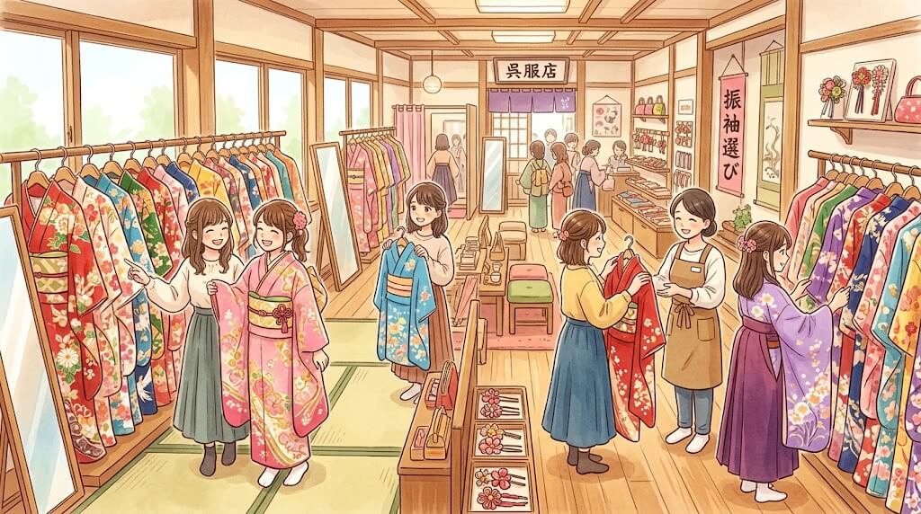 振袖を選ぶ人で賑わう店内
