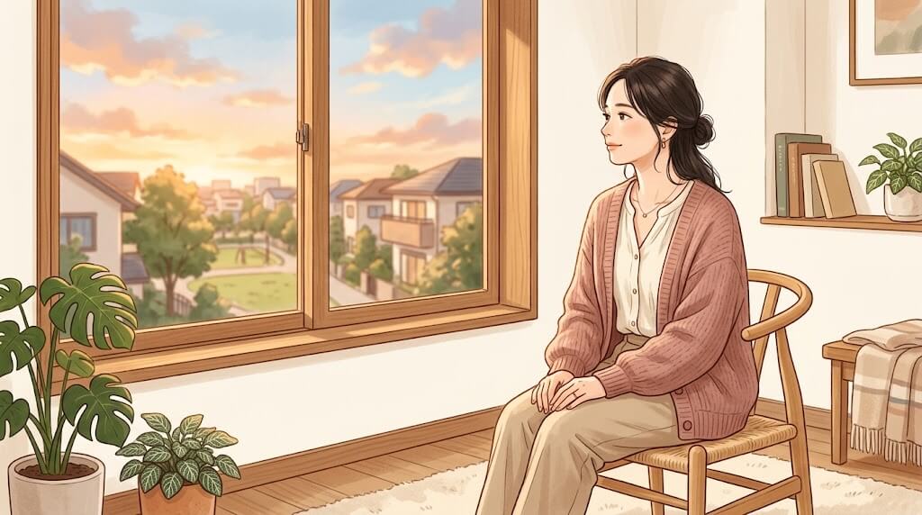 夕方の窓辺で考えごとをする女性