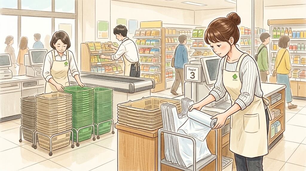 レジ前で補充と片づけをする店員たち