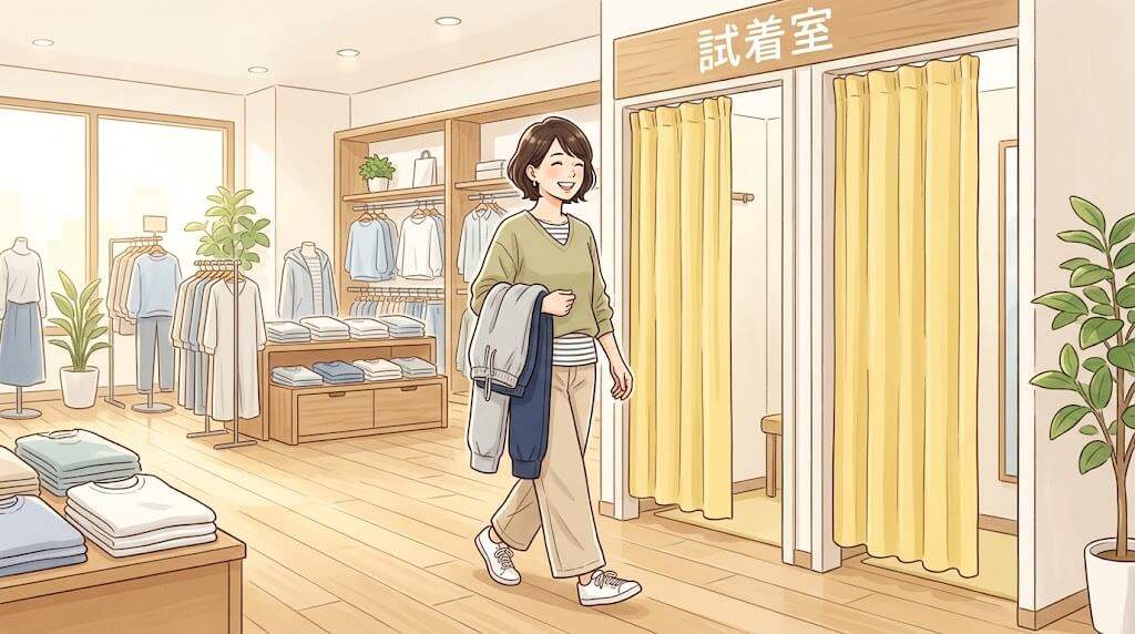 スウェットパンツを持って試着室へ向かう女性